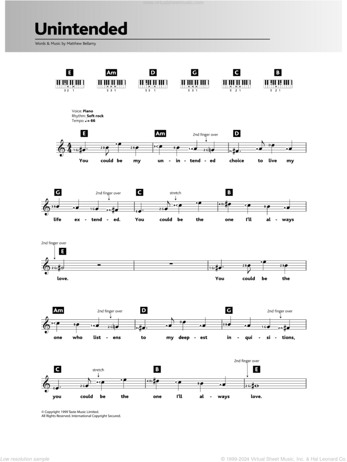 Unintended sheet music for piano solo (chords, lyrics, melody) by Muse and Matthew Bellamy, intermediate piano (chords, lyrics, melody)