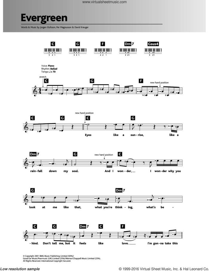 Evergreen sheet music for piano solo (chords, lyrics, melody) by Will Young, Westlife, David Kreuger, Jorgen Elofsson and Per Magnusson, intermediate piano (chords, lyrics, melody)