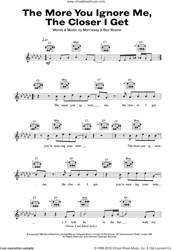 The More You Ignore Me, The Closer I Get sheet music for voice and other instruments (fake book) by Steven Morrissey and Boz Boorer, intermediate skill level