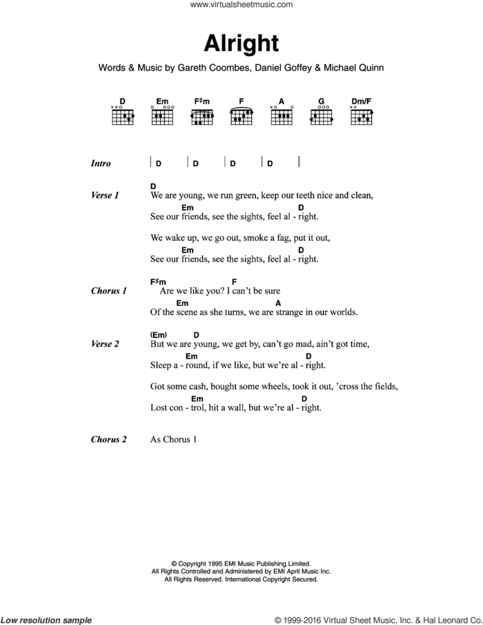 Alright sheet music for guitar (chords) by Supergrass, Daniel Goffey, Gareth Coombes and Michael Quinn, intermediate skill level