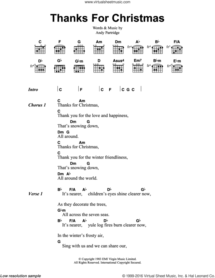 Thanks For Christmas sheet music for guitar (chords) by XTC and Andy Partridge, intermediate skill level