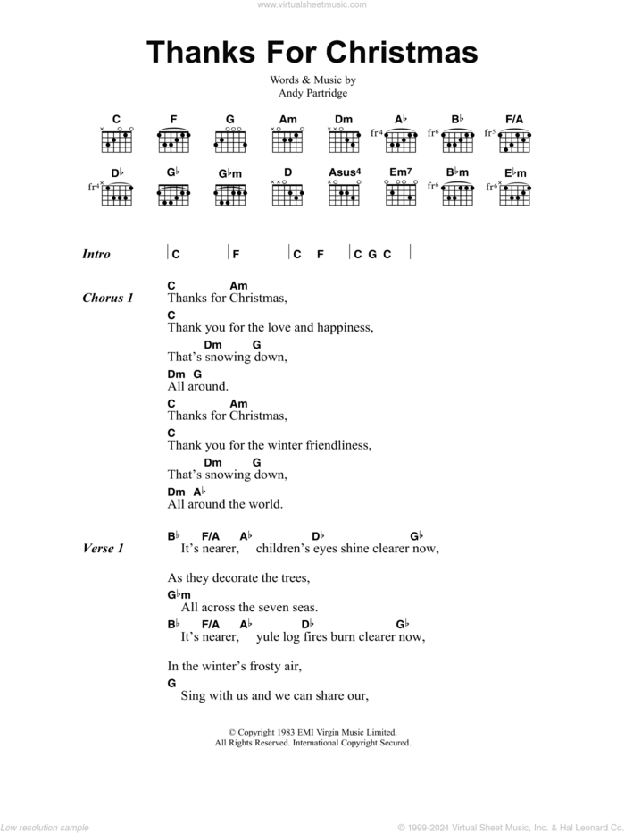 Thanks For Christmas sheet music for guitar (chords) by XTC and Andy Partridge, intermediate skill level