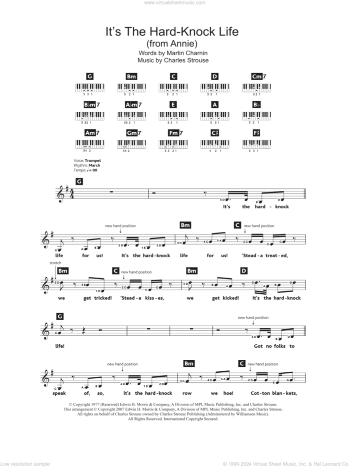 It's The Hard-Knock Life (from Annie) sheet music for piano solo (chords, lyrics, melody) by Charles Strouse and Martin Charnin, intermediate piano (chords, lyrics, melody)