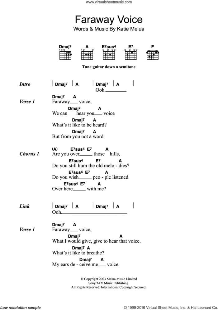 Faraway Voice sheet music for guitar (chords) by Katie Melua, intermediate skill level