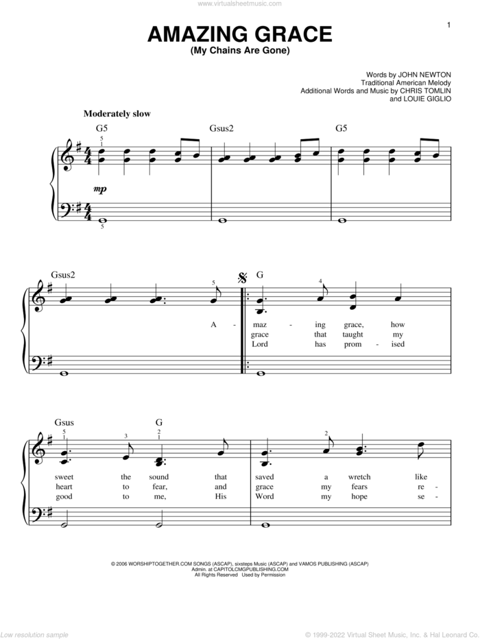 Amazing Grace (My Chains Are Gone), (easy) sheet music for piano solo by Chris Tomlin, Amazing Grace (Movie), John Newton, Louie Giglio and Miscellaneous, easy skill level