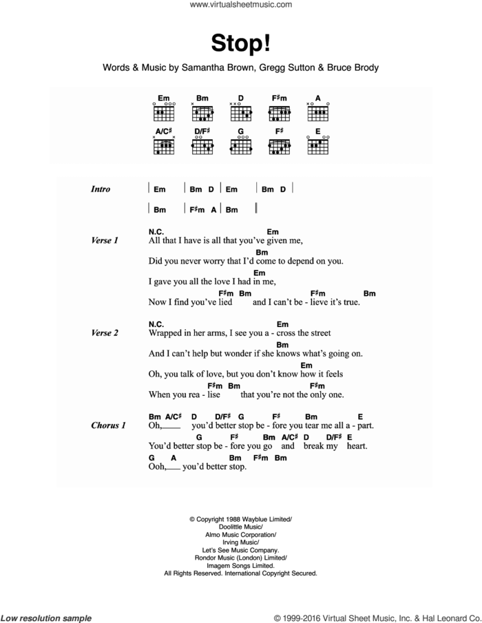 Stop! sheet music for guitar (chords) by Sam Brown, Bruce Brody, Gregg Sutton and Samantha Brown, intermediate skill level