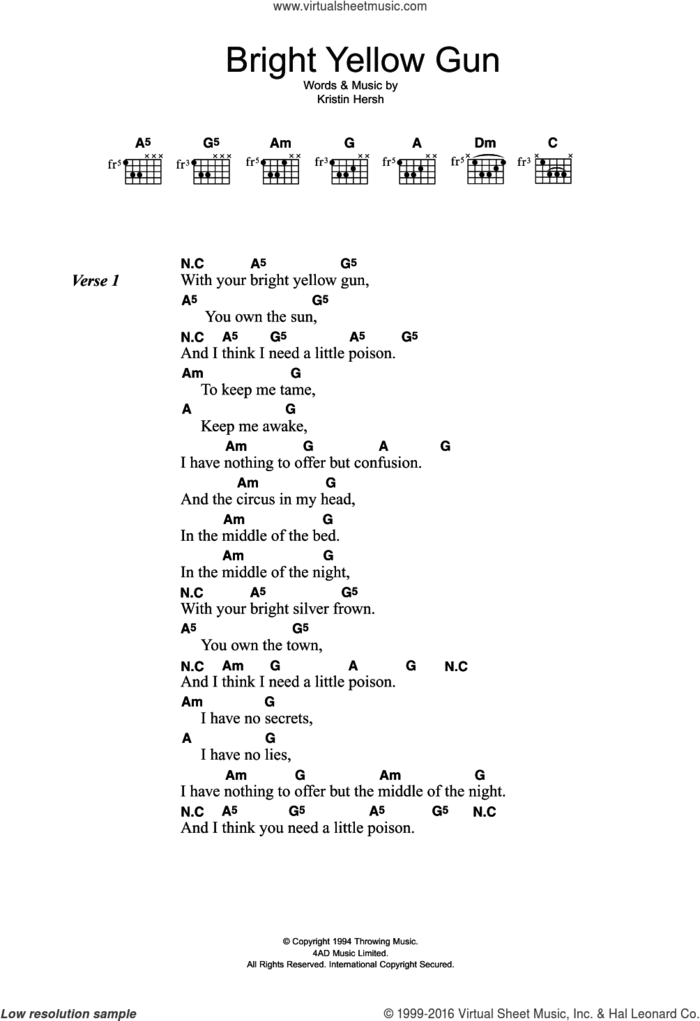 Bright Yellow Gun sheet music for guitar (chords) by Throwing Muses and Kristin Hersh, intermediate skill level