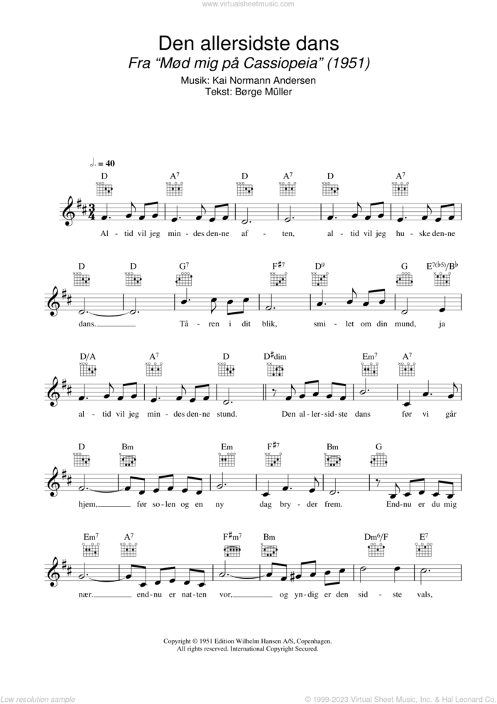 Den Allersidste Dans sheet music for voice and other instruments (fake book) by Kai Normann Andersen and Borge Muller, intermediate skill level