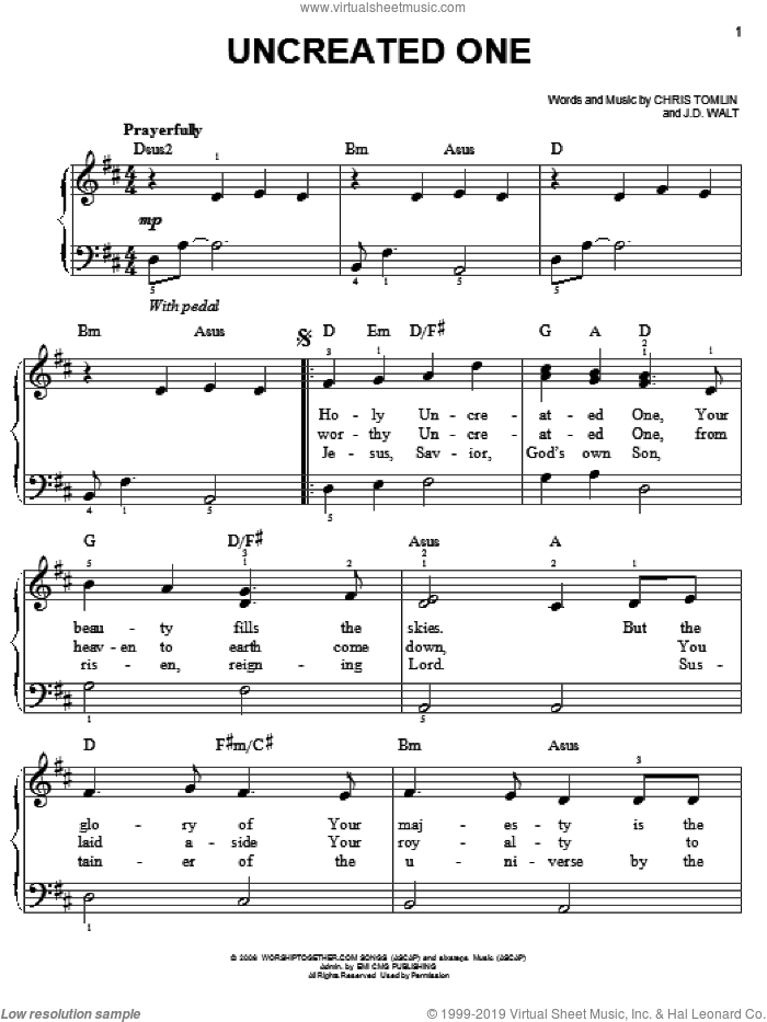 Uncreated One sheet music for piano solo by Chris Tomlin and J.D. Walt, easy skill level