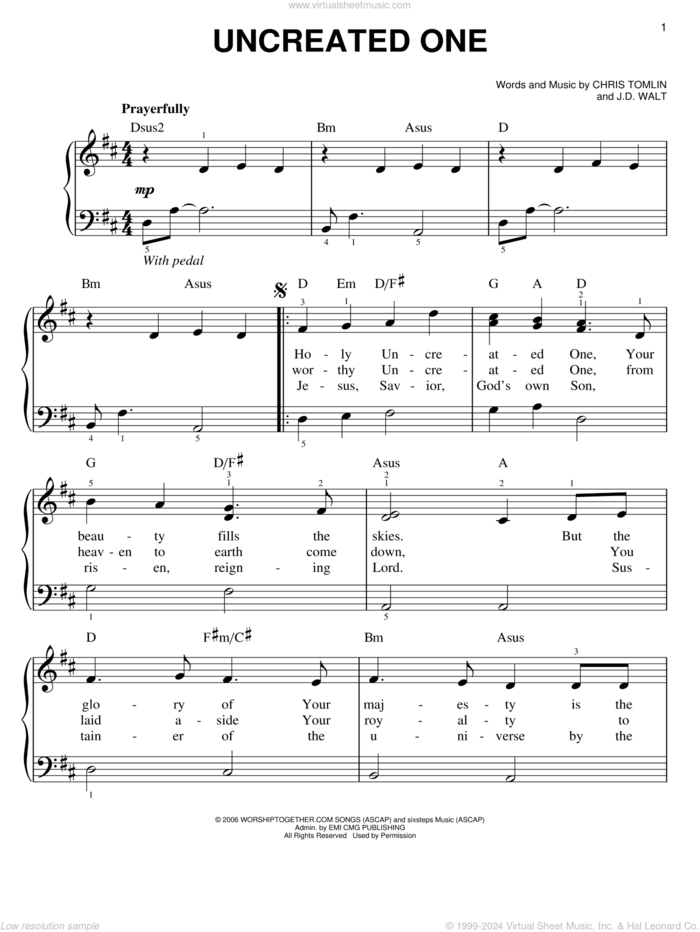 Uncreated One sheet music for piano solo by Chris Tomlin and J.D. Walt, easy skill level