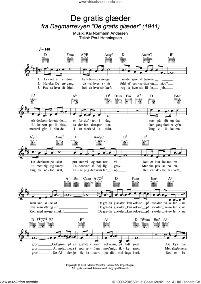 De Gratis Glaeder sheet music for voice and other instruments (fake book) by Kai Normann Andersen and Poul Henningsen, intermediate skill level