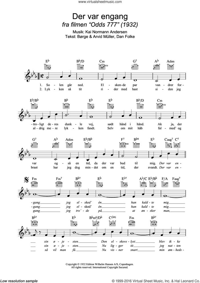 Der Var Engang sheet music for voice and other instruments (fake book) by Kai Normann Andersen, Arvid Muller, Arvid Muller, Borge Muller and Dan Folke, intermediate skill level