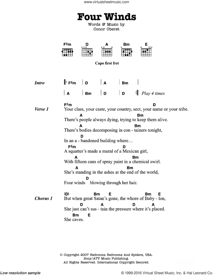 Four Winds sheet music for guitar (chords) by Bright Eyes and Conor Oberst, intermediate skill level