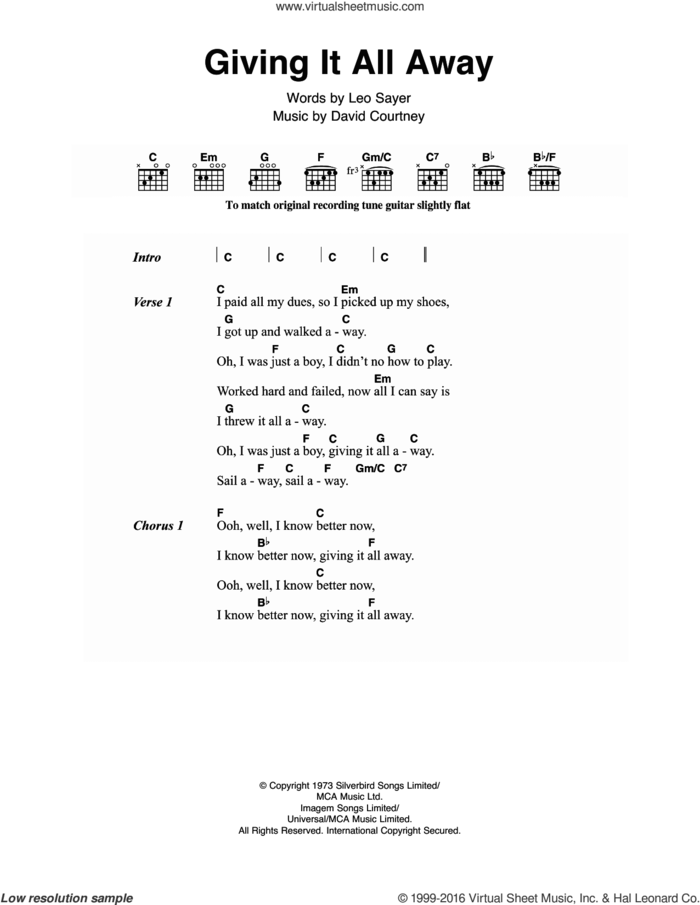 Giving It All Away sheet music for guitar (chords) by Roger Daltrey, David Courtney and Leo Sayer, intermediate skill level