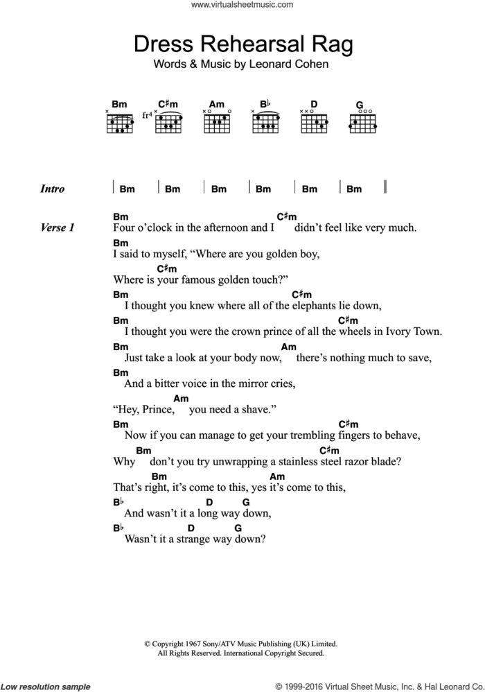 Dress Rehearsal Rag sheet music for guitar (chords) by Leonard Cohen, intermediate skill level