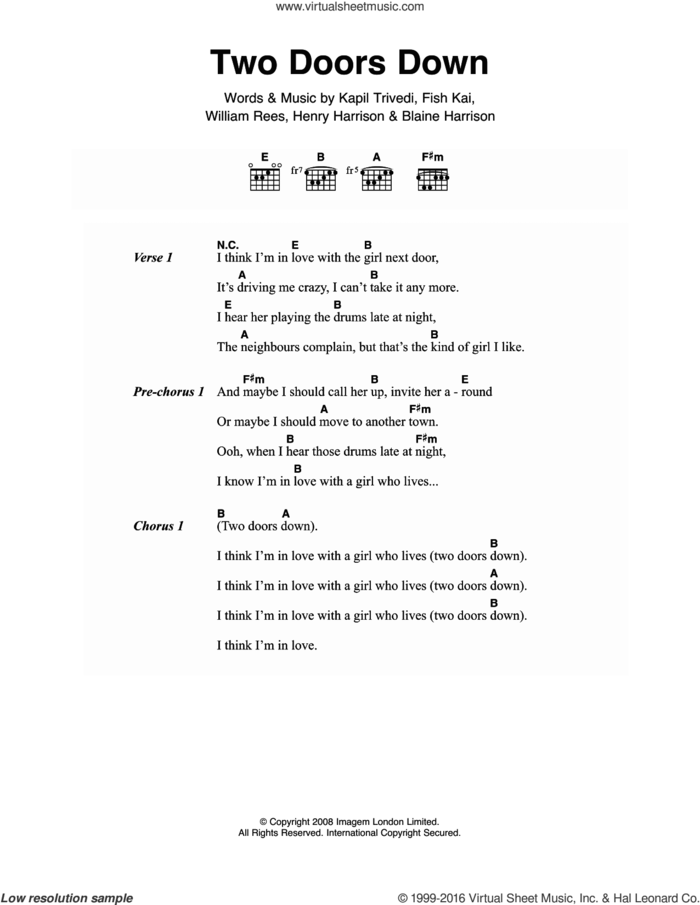 Two Doors Down sheet music for guitar (chords) by Mystery Jets, Blaine Harrison, Fish Kai, Henry Harrison, Kapil Trivedi and William Rees, intermediate skill level