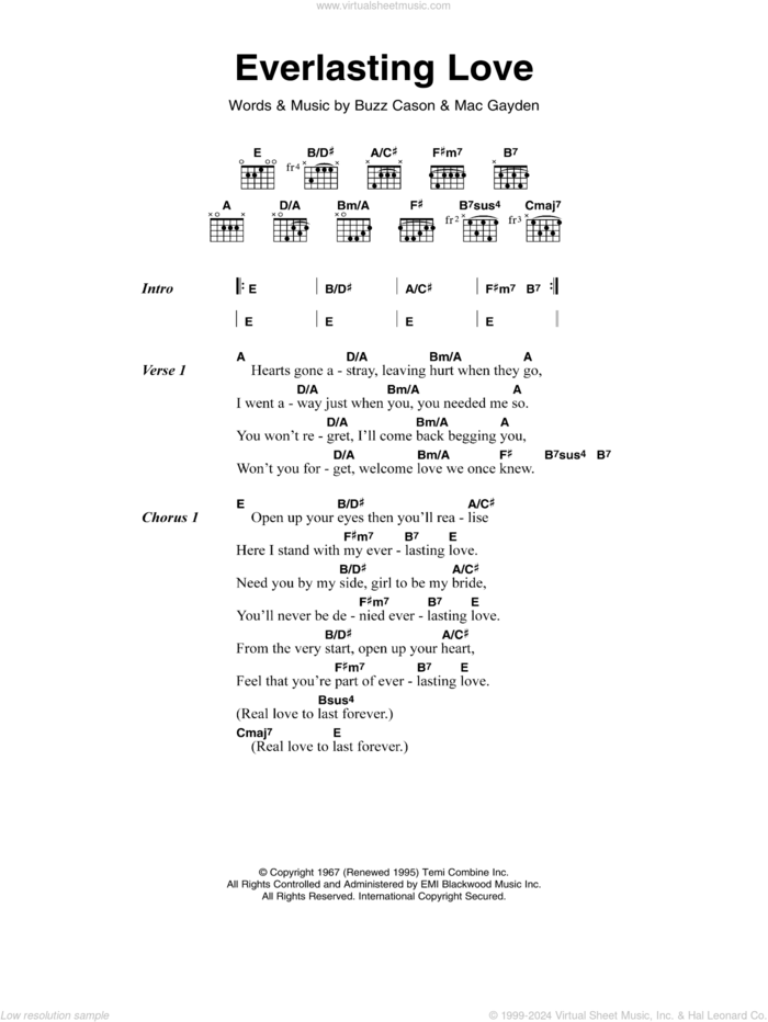 Everlasting Love sheet music for guitar (chords) by The Love Affair, Buzz Cason and Mac Gayden, intermediate skill level