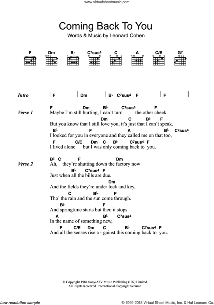 Coming Back To You sheet music for guitar (chords) by Leonard Cohen, intermediate skill level