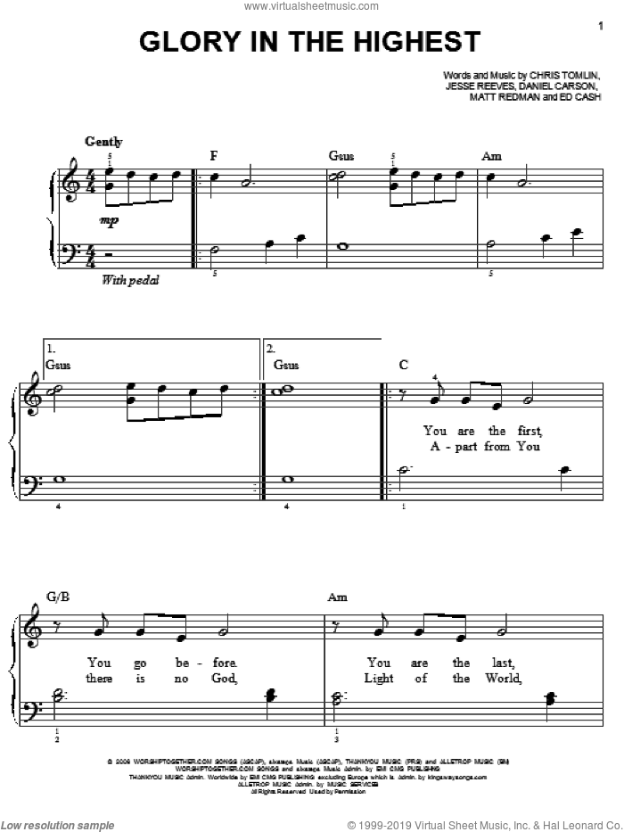 Glory In The Highest sheet music for piano solo by Chris Tomlin, Brenton Brown, Daniel Carson, Ed Cash, Jesse Reeves and Matt Redman, easy skill level