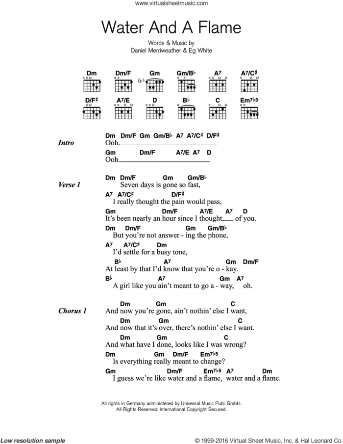 Water And A Flame (featuring Adele) sheet music for guitar (chords) by Daniel Merriweather, Adele and Eg White, intermediate skill level