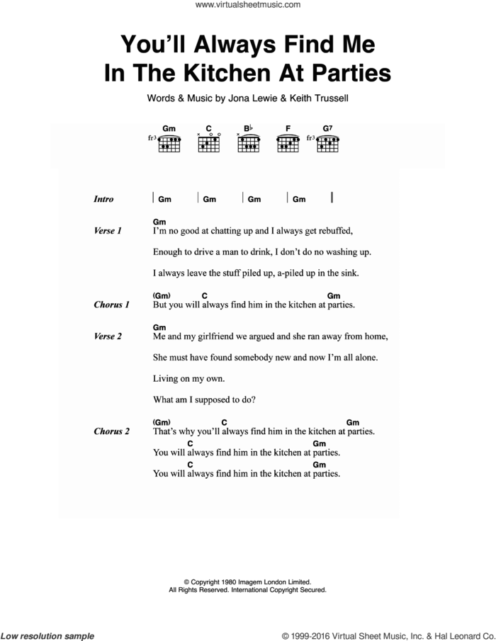 You'll Always Find Me In The Kitchen At Parties sheet music for guitar (chords) by Jona Lewie and Keith Trussell, intermediate skill level