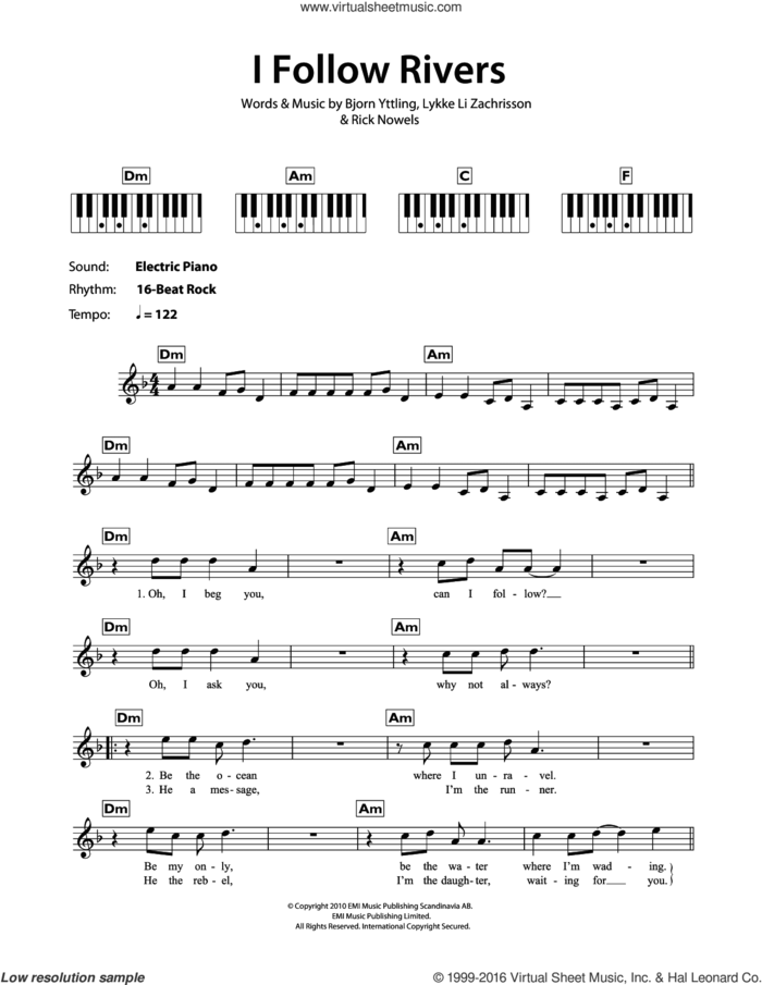 I Follow Rivers sheet music for piano solo (chords, lyrics, melody) by Lykke Li, Bjorn Yttling, Lykke Li Zachrisson and Rick Nowels, intermediate piano (chords, lyrics, melody)