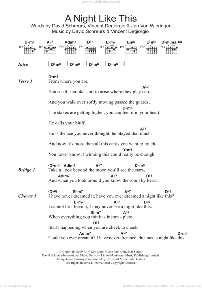 A Night Like This sheet music for guitar (chords) by Caro Emerald, David Schreurs, Jan van Wieringen and Vincent Degiorgio, intermediate skill level