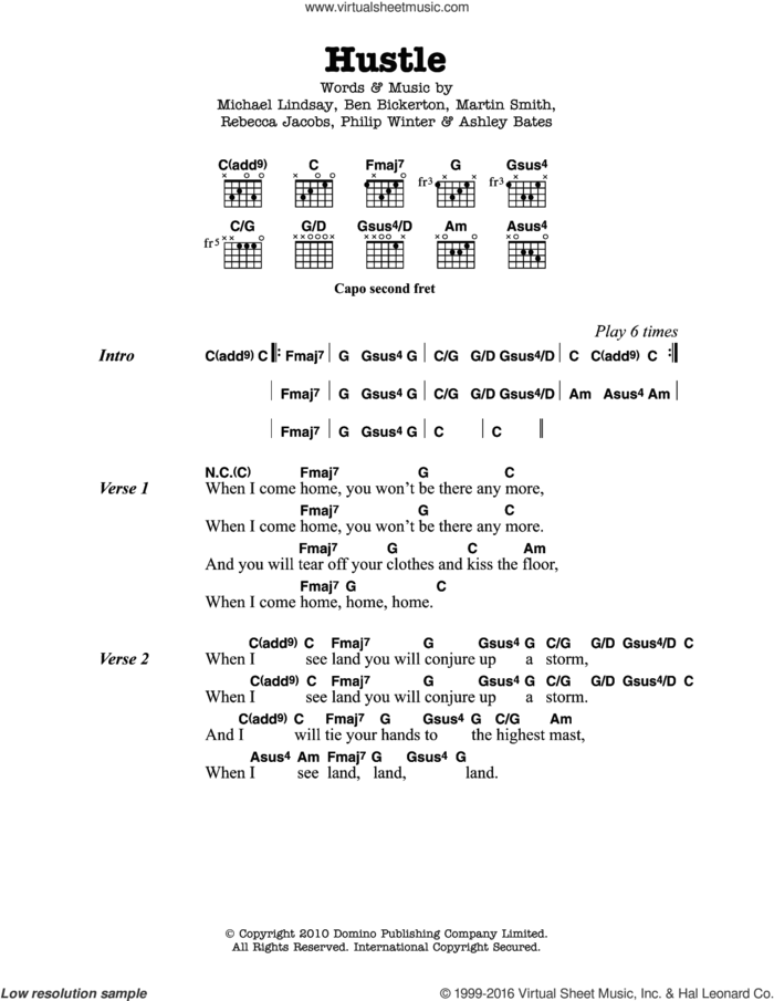 Hustle sheet music for guitar (chords) by Tunng, Ashley Bates, Ben Bickerton, Martin Smith, Michael Lindsay, Philip Winter and Rebecca Jacobs, intermediate skill level