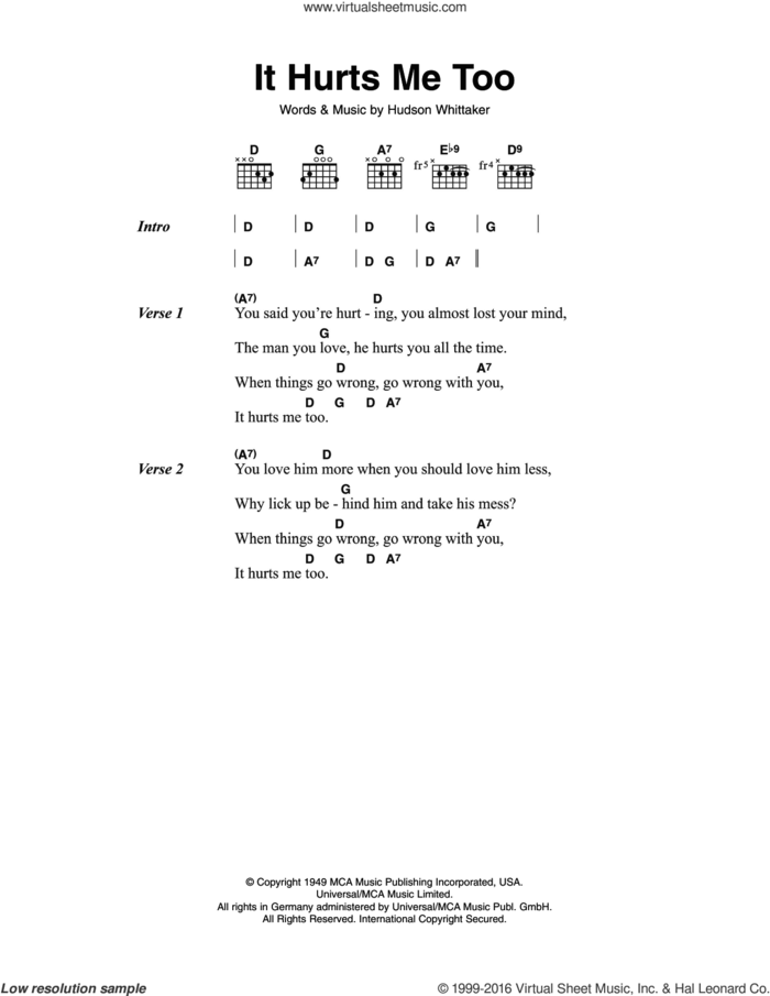 It Hurts Me Too sheet music for guitar (chords) by Elmore James, Eric Clapton and Hudson Whittaker, intermediate skill level