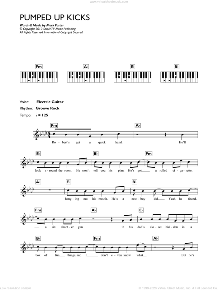 Pumped Up Kicks sheet music for piano solo (chords, lyrics, melody) by Foster The People and Mark Foster, intermediate piano (chords, lyrics, melody)