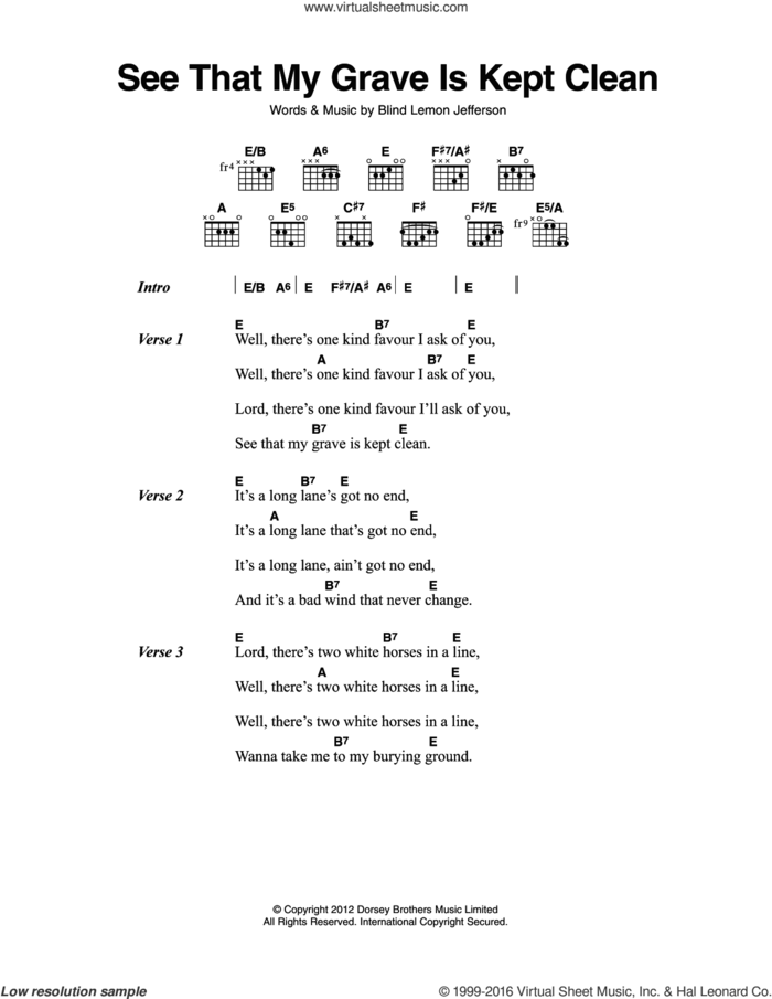 See That My Grave Is Kept Clean sheet music for guitar (chords) by Blind Lemon Jefferson, intermediate skill level