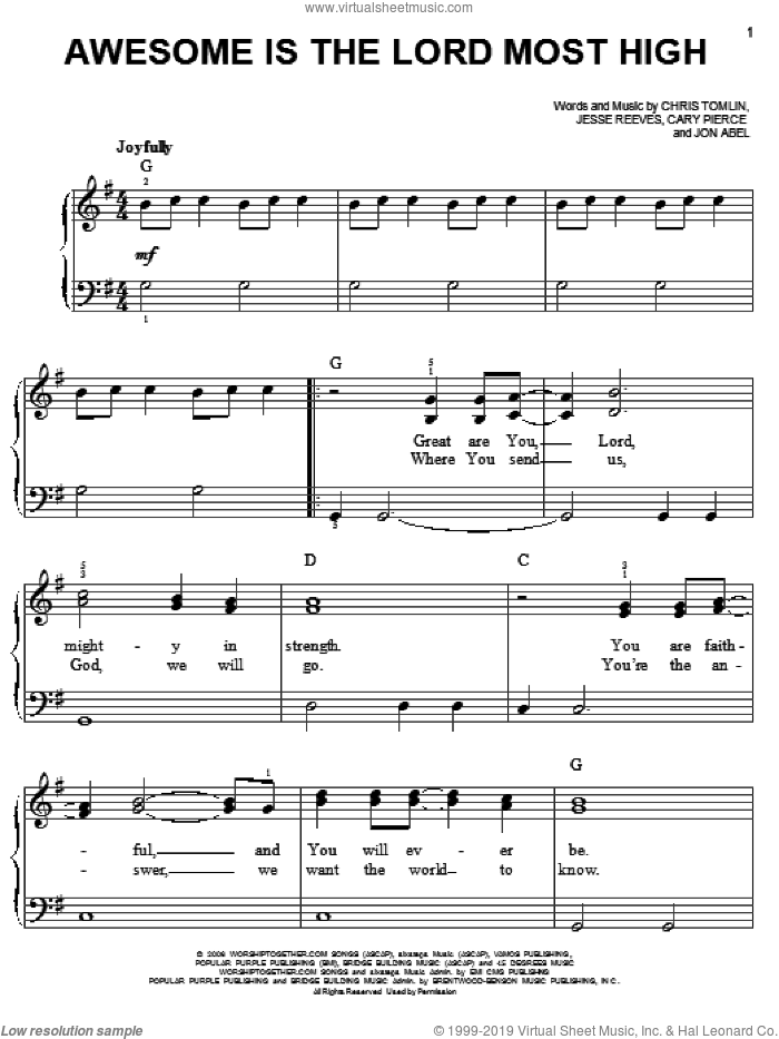Awesome Is The Lord Most High, (easy) sheet music for piano solo by Chris Tomlin, Brenton Brown, Cary Pierce, Jesse Reeves and Jon Abel, easy skill level