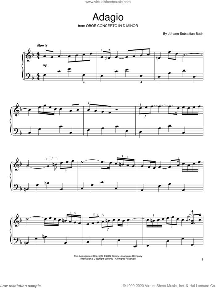 Oboe Concerto In D Minor (Adagio) sheet music for piano solo by Johann Sebastian Bach, classical score, easy skill level