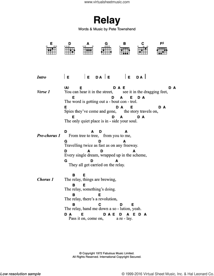 Relay sheet music for guitar (chords) by The Who and Pete Townshend, intermediate skill level