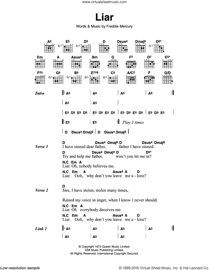 Liar sheet music for guitar (chords) by Queen and Frederick Mercury, intermediate skill level