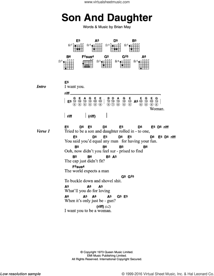 Son And Daughter sheet music for guitar (chords) by Queen and Brian May, intermediate skill level