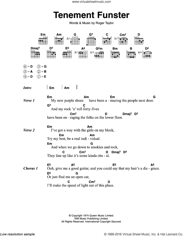 Tenement Funster sheet music for guitar (chords) by Queen and Roger Meddows Taylor, intermediate skill level