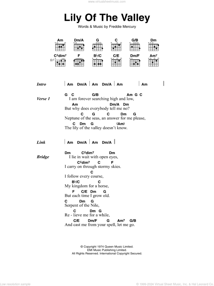 Lily Of The Valley sheet music for guitar (chords) by Queen and Frederick Mercury, intermediate skill level