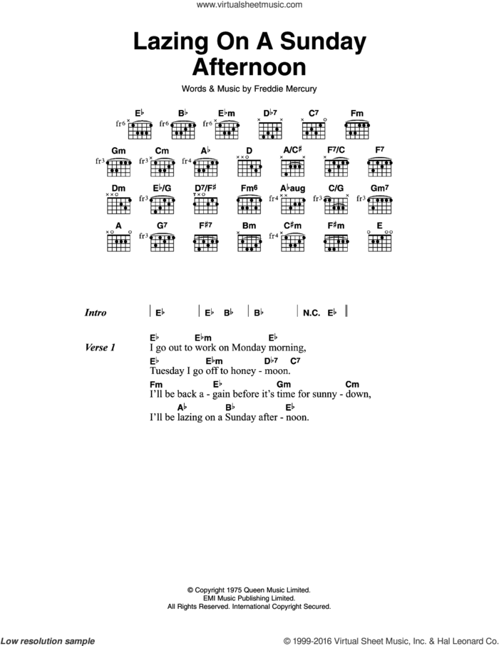 Lazing On A Sunday Afternoon sheet music for guitar (chords) by Queen and Frederick Mercury, intermediate skill level