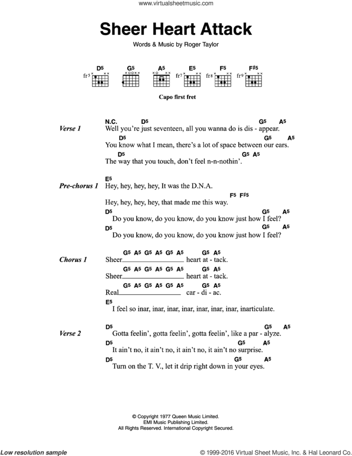 Sheer Heart Attack sheet music for guitar (chords) by Queen and Roger Meddows Taylor, intermediate skill level