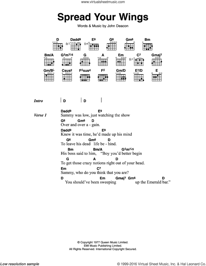 Spread Your Wings sheet music for guitar (chords) by Queen and John Deacon, intermediate skill level