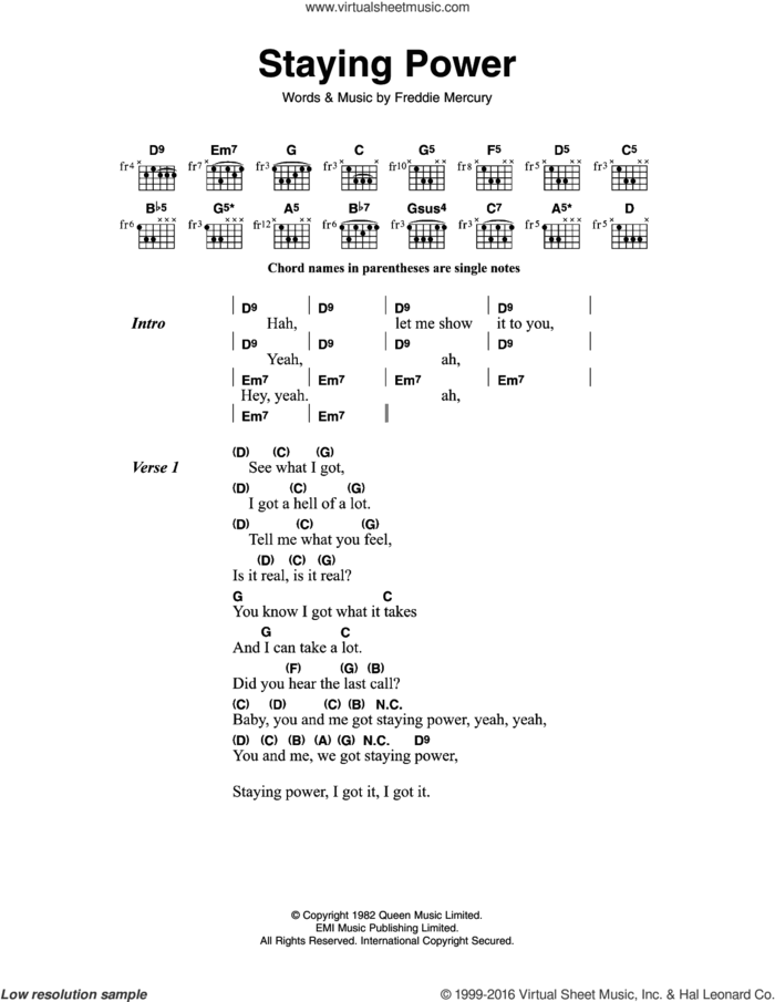 Staying Power sheet music for guitar (chords) by Queen and Frederick Mercury, intermediate skill level