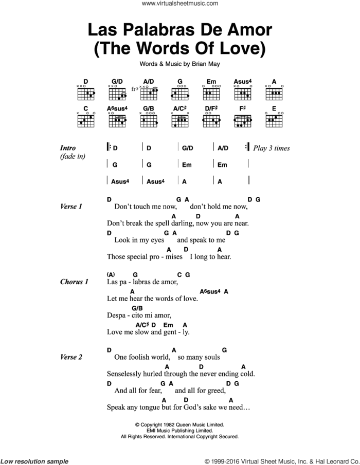 Las Palabras De Amor (The Words Of Love) sheet music for guitar (chords) by Queen and Brian May, intermediate skill level