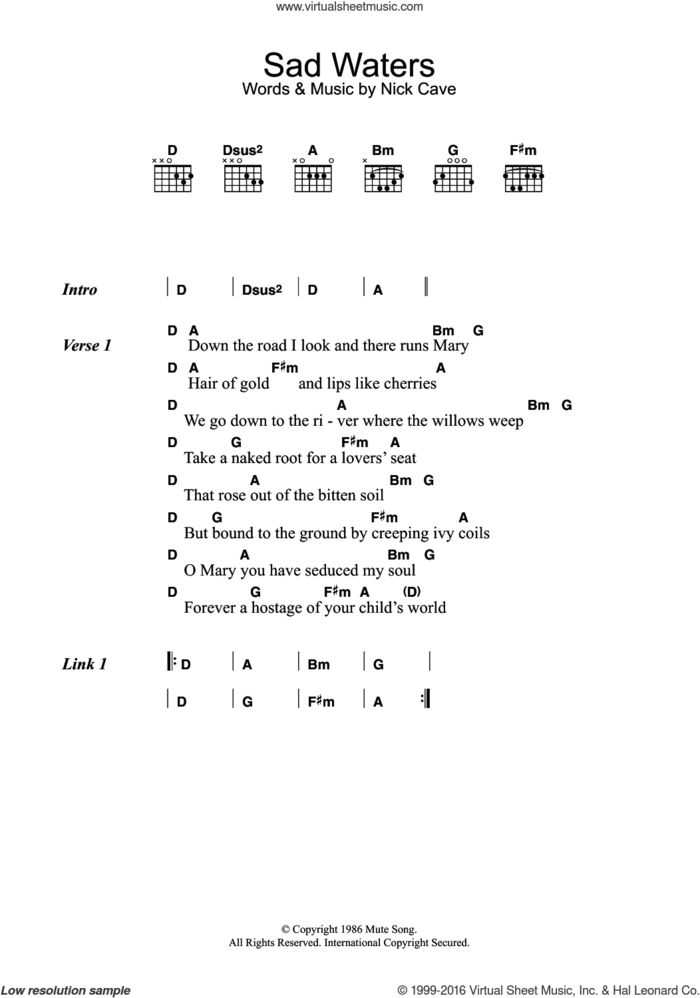 Sad Waters sheet music for guitar (chords) by Nick Cave, intermediate skill level