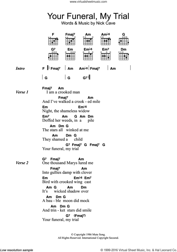 Your Funeral, My Trial sheet music for guitar (chords) by Nick Cave, intermediate skill level