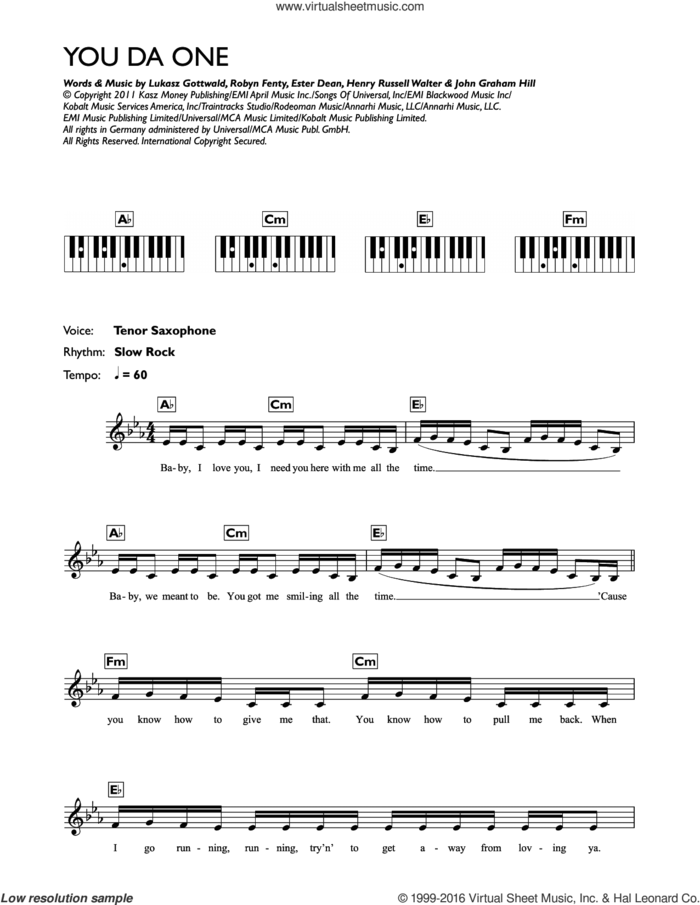 You Da One sheet music for piano solo (chords, lyrics, melody) by Rihanna, Ester Dean, Henry Russell Walter, John Graham Hill, Lukasz Gottwald and Robyn Fenty, intermediate piano (chords, lyrics, melody)