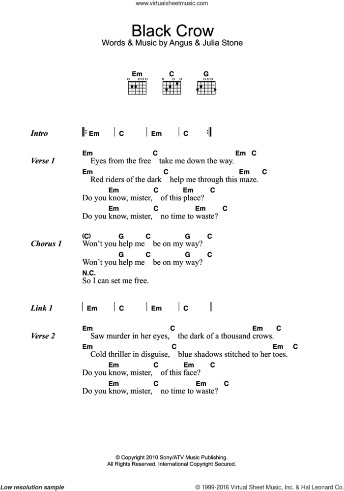 Black Crow sheet music for guitar (chords) by Julia Stone and Angus Stone, intermediate skill level