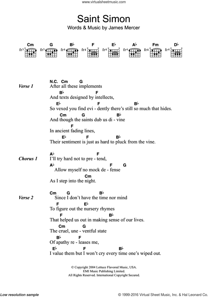 Saint Simon sheet music for guitar (chords) by The Shins and James Mercer, intermediate skill level