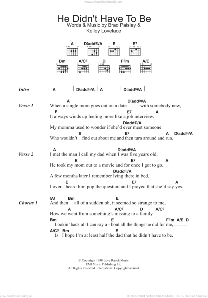 He Didn't Have To Be sheet music for guitar (chords) by Brad Paisley and Kelley Lovelace, intermediate skill level