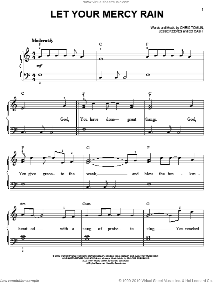 Let Your Mercy Rain sheet music for piano solo by Chris Tomlin, Ed Cash and Jesse Reeves, easy skill level